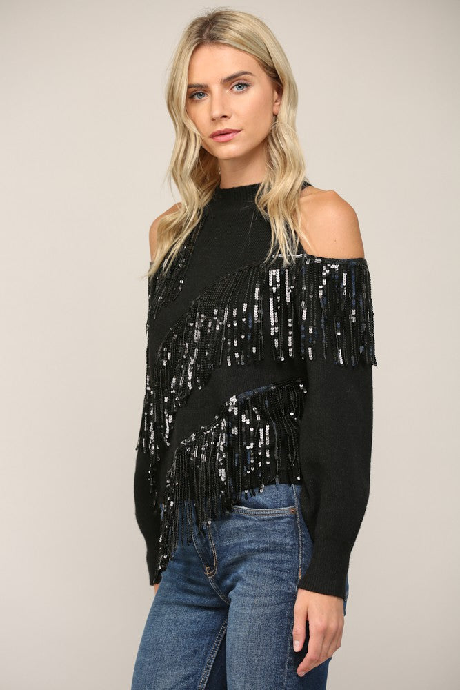 Sequin Fringe Trimmed Cold Shoulder Sweater - Black ONLY 1 MEDIUM LEFT