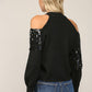 Sequin Fringe Trimmed Cold Shoulder Sweater - Black ONLY 1 MEDIUM LEFT