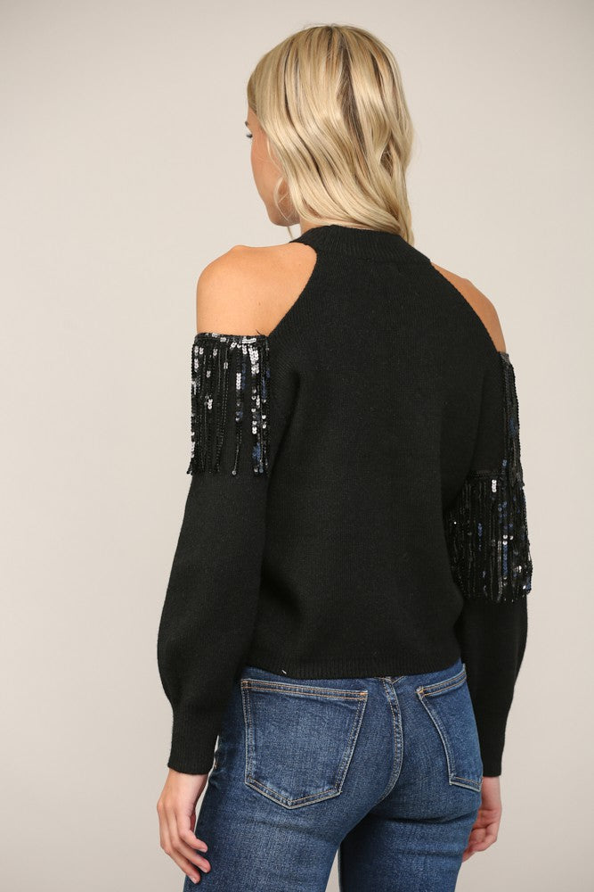 Sequin Fringe Trimmed Cold Shoulder Sweater - Black ONLY 1 MEDIUM LEFT