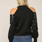 Sequin Fringe Trimmed Cold Shoulder Sweater - Black ONLY 1 MEDIUM LEFT