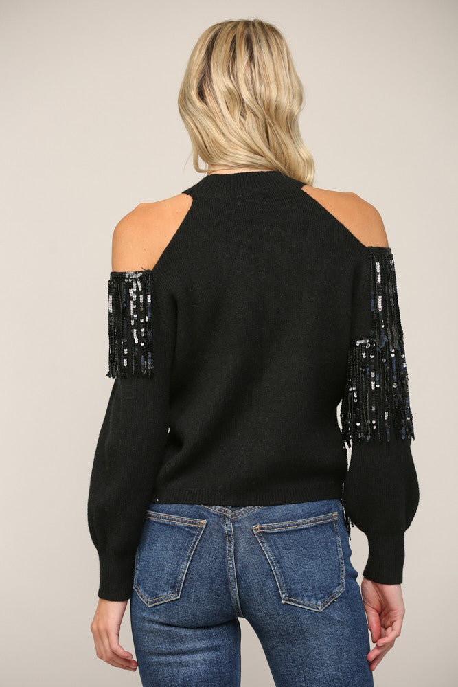 Sequin Fringe Trimmed Cold Shoulder Sweater - Black ONLY 1 MEDIUM LEFT