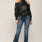 Sequin Fringe Trimmed Cold Shoulder Sweater - Black ONLY 1 MEDIUM LEFT