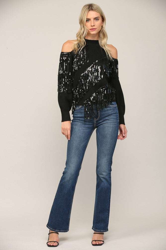 Sequin Fringe Trimmed Cold Shoulder Sweater - Black ONLY 1 MEDIUM LEFT