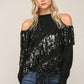 Sequin Fringe Trimmed Cold Shoulder Sweater - Black ONLY 1 MEDIUM LEFT