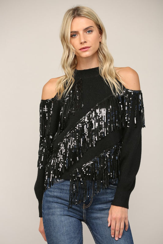 Sequin Fringe Trimmed Cold Shoulder Sweater - Black ONLY 1 MEDIUM LEFT