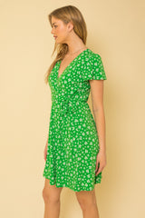 Flutter Sleeve Faux Wrap Dress - Green/White ONLY 1 LARGE LEFT