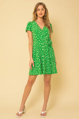 Flutter Sleeve Faux Wrap Dress - Green/White ONLY 1 LARGE LEFT