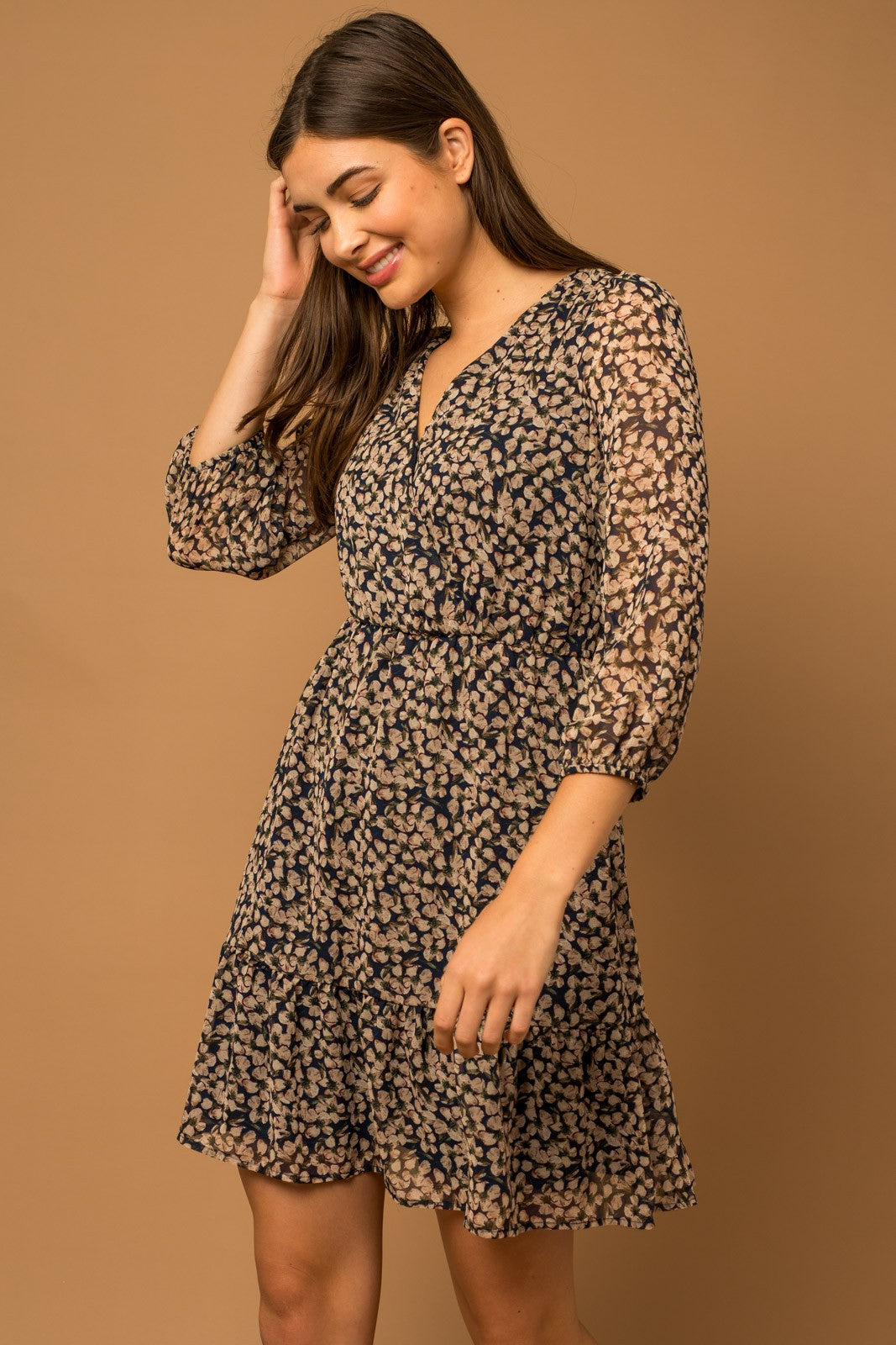 Floral V-Neck Wrap Dress - Navy/Taupe