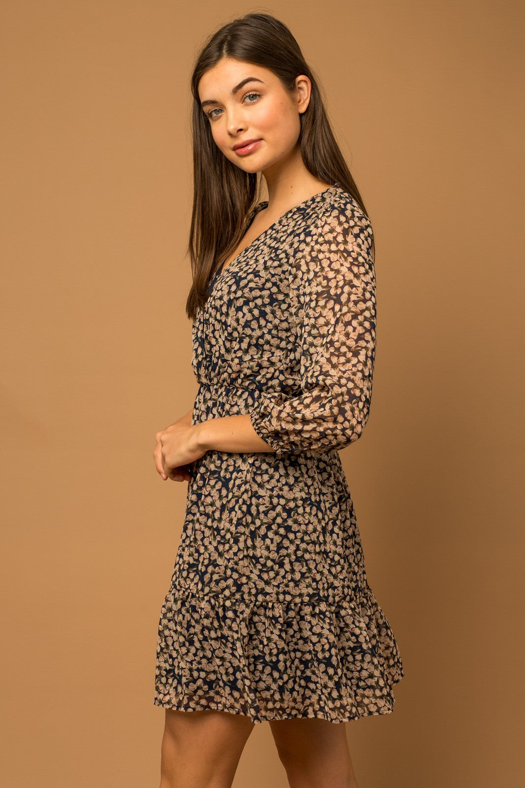 Floral V-Neck Wrap Dress - Navy/Taupe