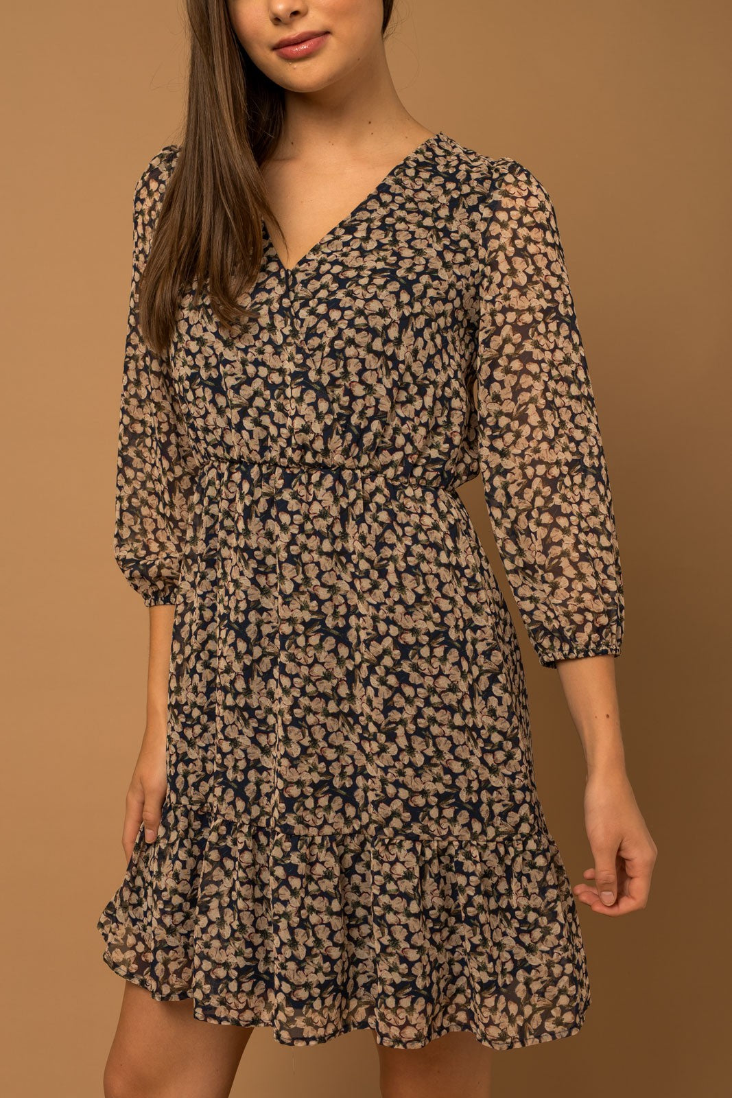 Floral V-Neck Wrap Dress - Navy/Taupe