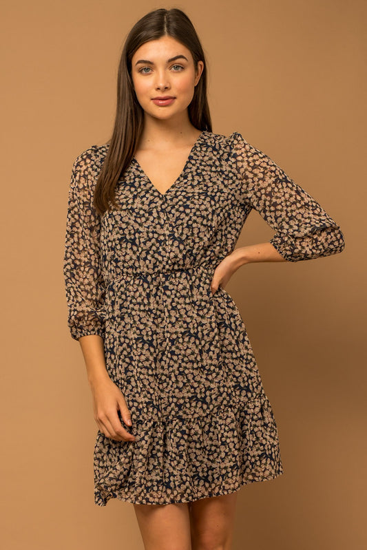 Floral V-Neck Wrap Dress - Navy/Taupe