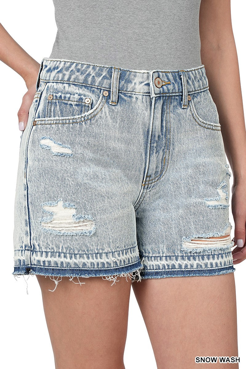 Distressed Raw Hem Denim Shorts - Snow Wash