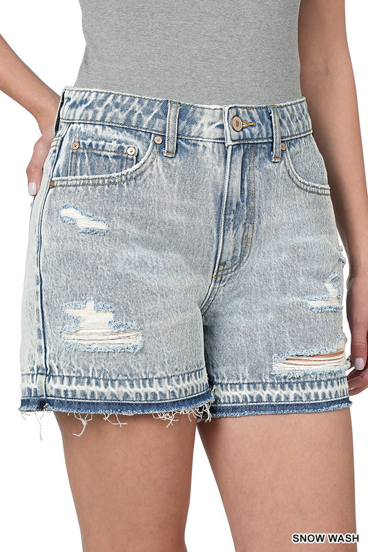 Distressed Raw Hem Denim Shorts - Snow Wash