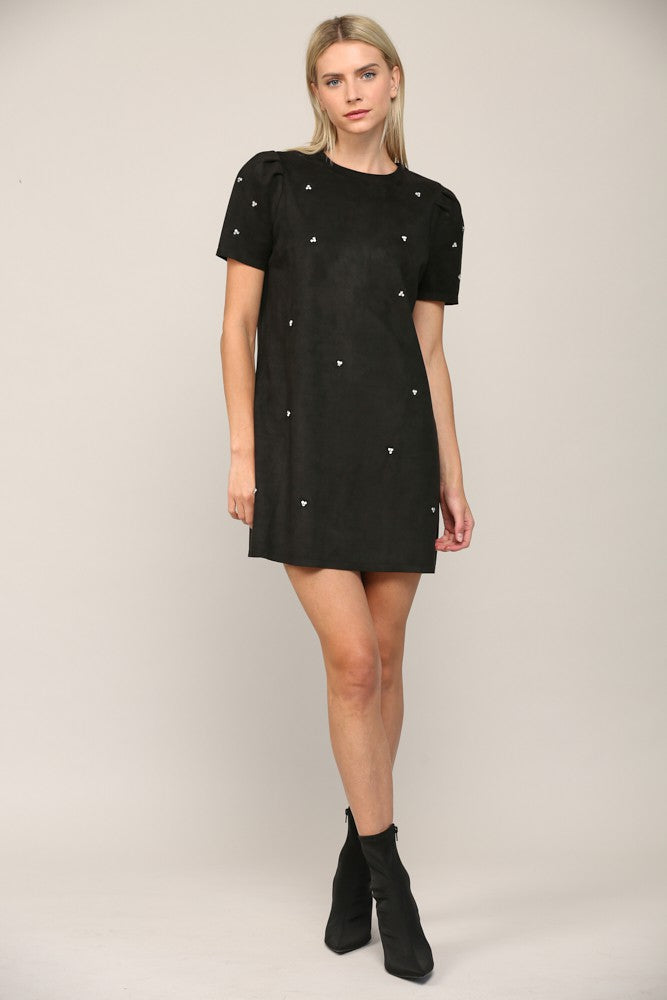 Jewel Embellished Faux Suede Shift Dress - Black  ONLY 1 S LEFT