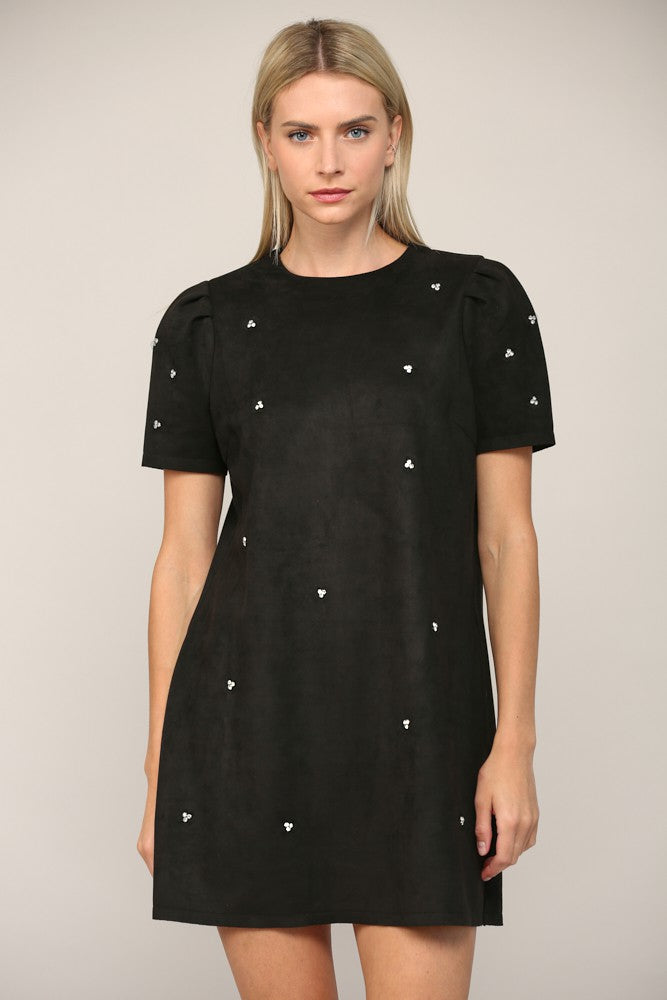 Jewel Embellished Faux Suede Shift Dress - Black  ONLY 1 S LEFT