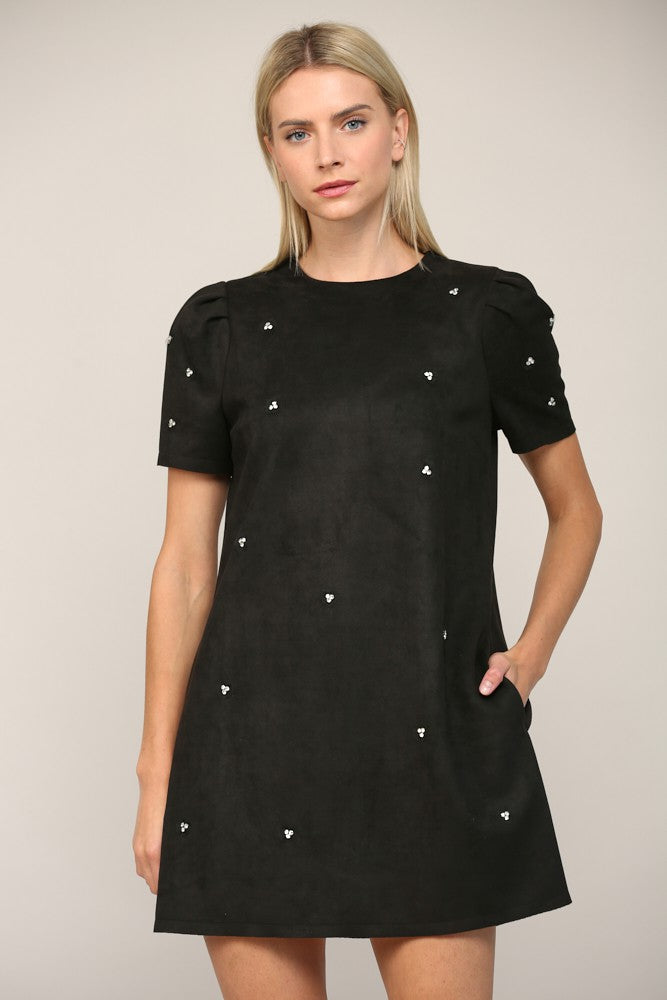 Jewel Embellished Faux Suede Shift Dress - Black  ONLY 1 S LEFT