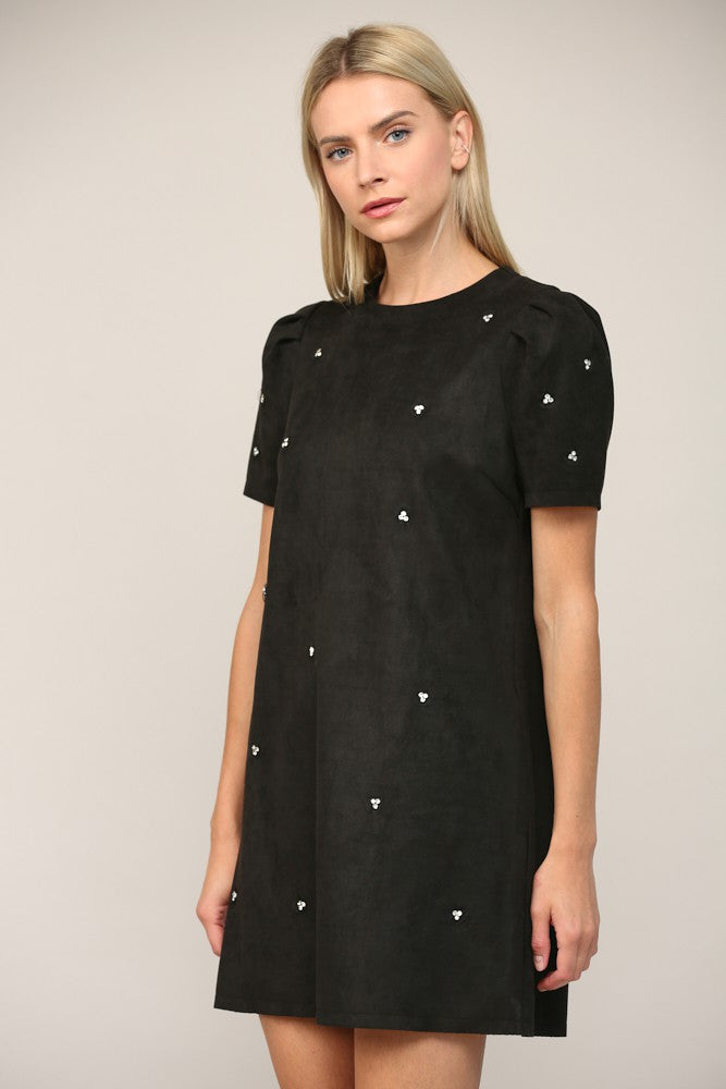 Jewel Embellished Faux Suede Shift Dress - Black  ONLY 1 S LEFT