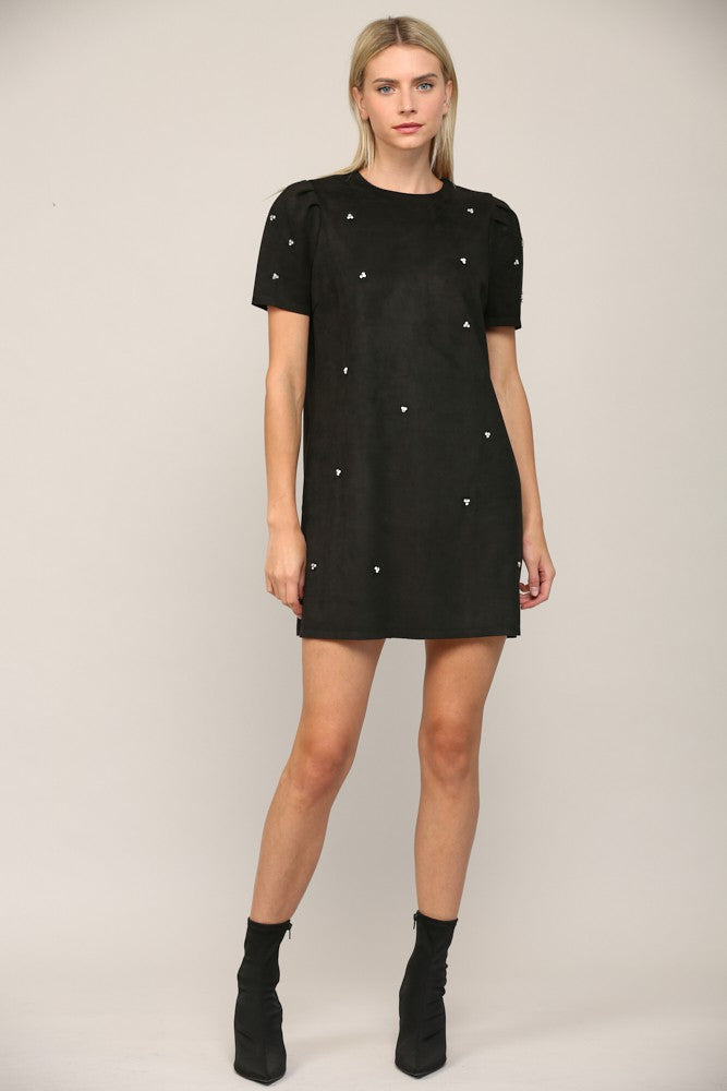 Jewel Embellished Faux Suede Shift Dress - Black  ONLY 1 S LEFT