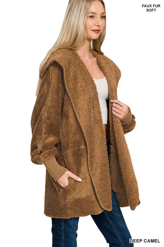 Hooded Faux Fur Jacket with Pockets - Deep Camel
