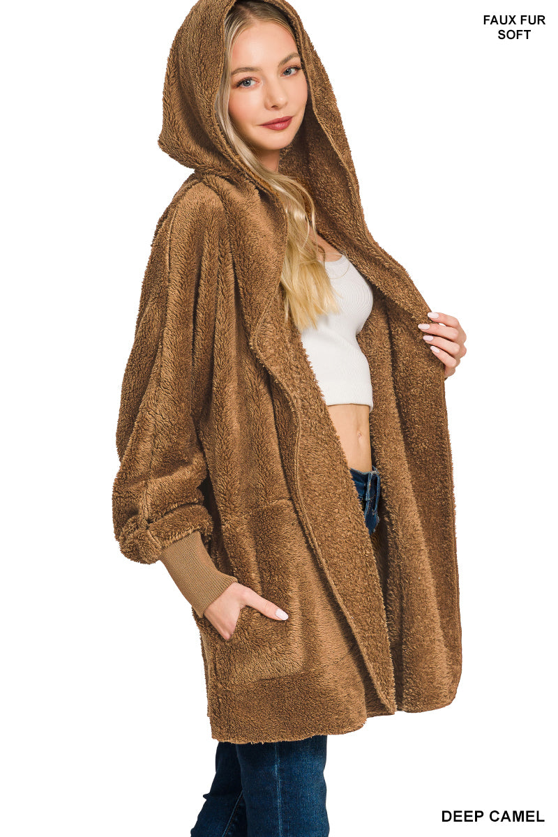 Hooded Faux Fur Jacket with Pockets - Deep Camel