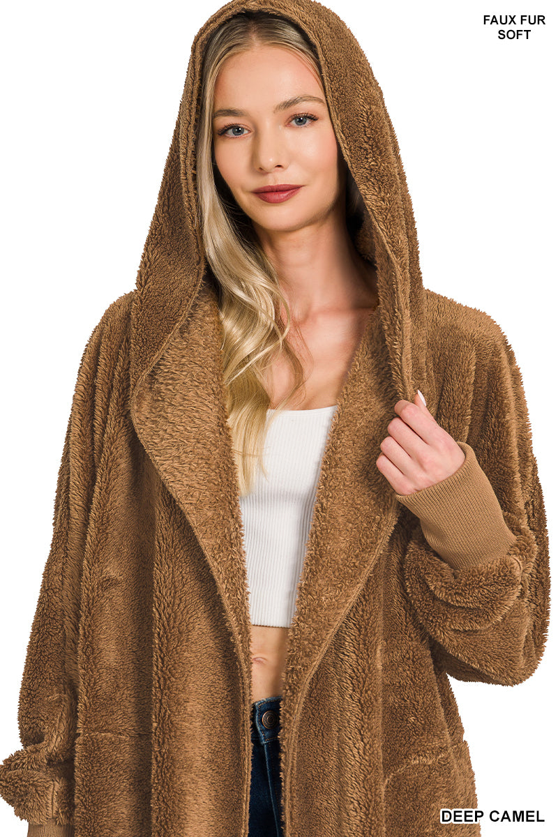 Hooded Faux Fur Jacket with Pockets - Deep Camel