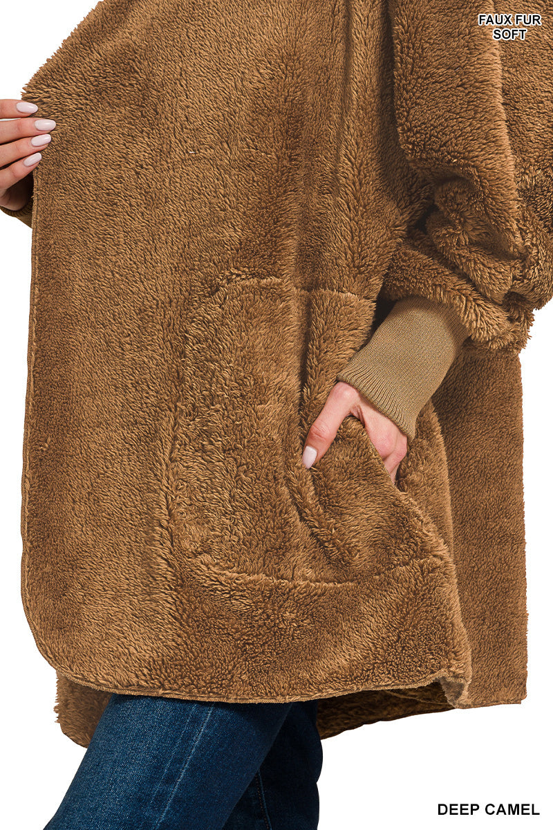 Hooded Faux Fur Jacket with Pockets - Deep Camel