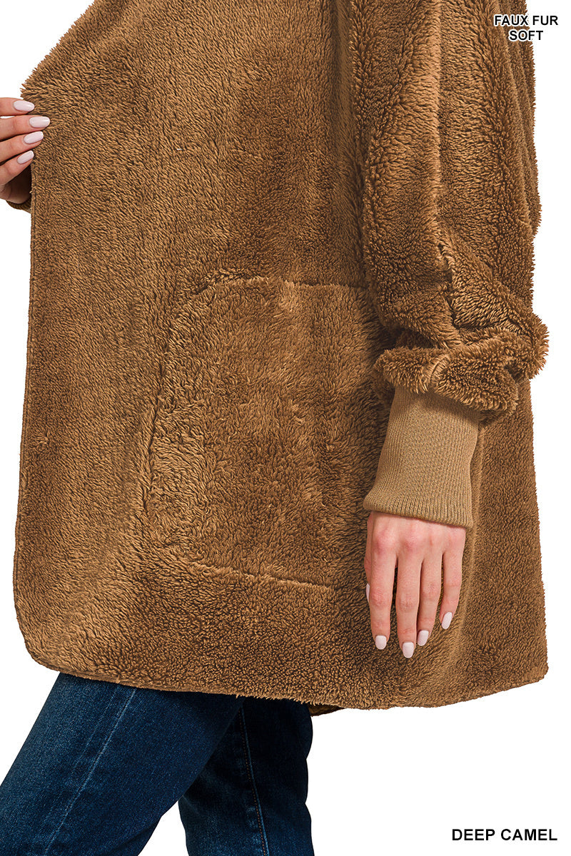 Hooded Faux Fur Jacket with Pockets - Deep Camel