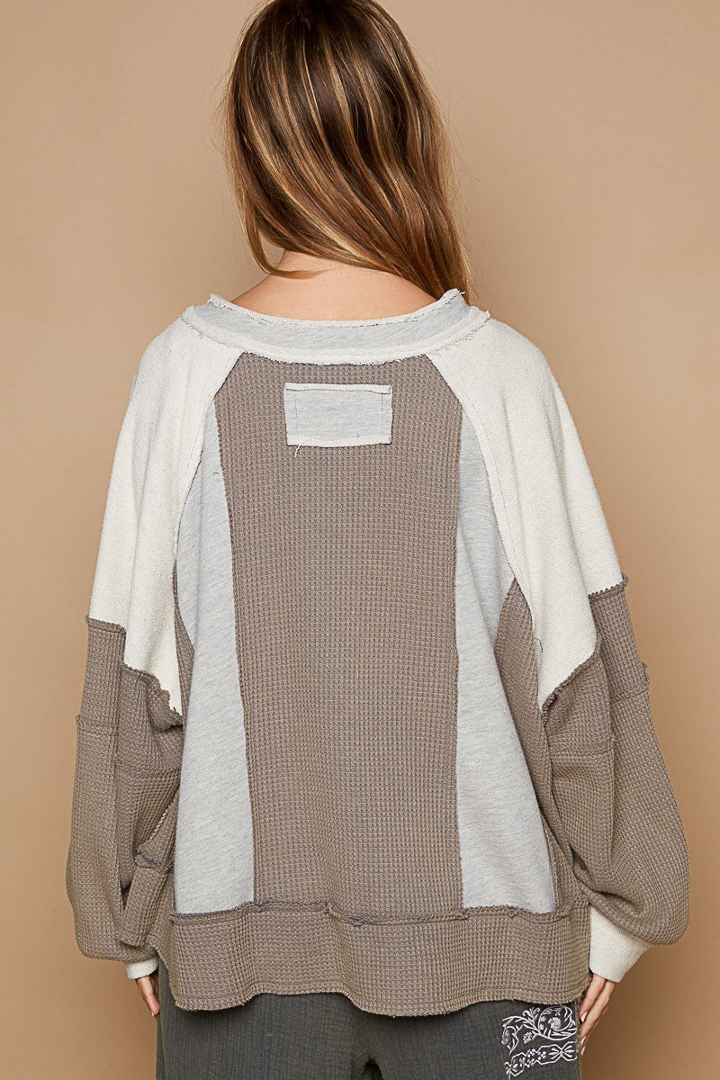 Notched Collar Mixed Media Top - Grey/Multi