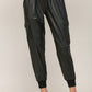 Contrast Rib Band Trim Faux Leather Jogger - Black