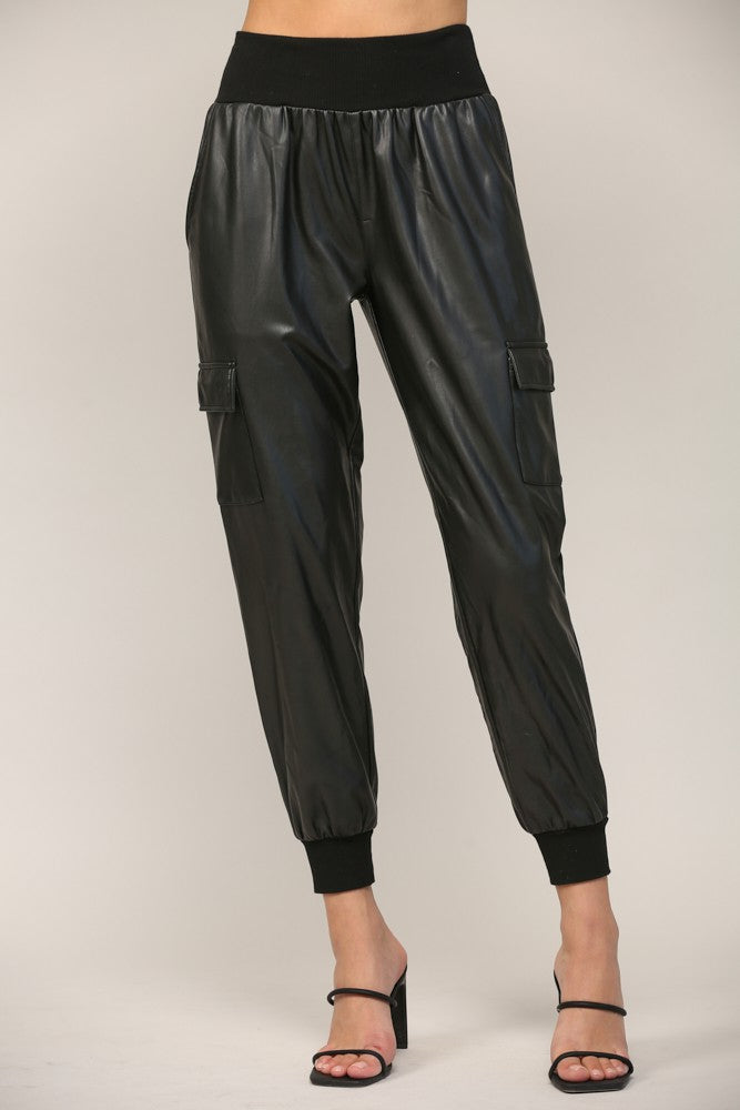 Contrast Rib Band Trim Faux Leather Jogger - Black