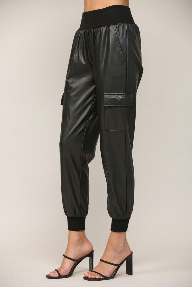 Contrast Rib Band Trim Faux Leather Jogger - Black