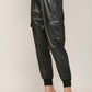 Contrast Rib Band Trim Faux Leather Jogger - Black