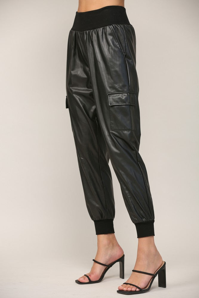 Contrast Rib Band Trim Faux Leather Jogger - Black