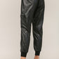 Contrast Rib Band Trim Faux Leather Jogger - Black