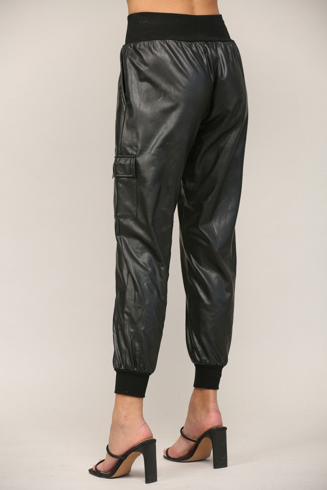 Contrast Rib Band Trim Faux Leather Jogger - Black