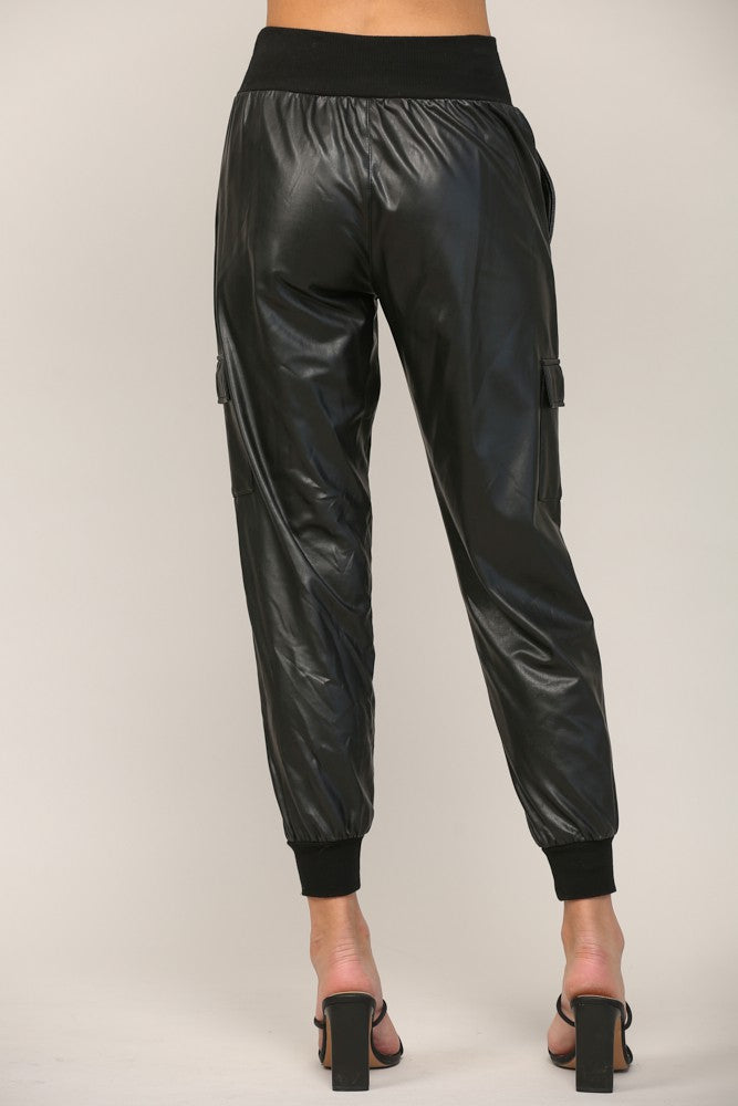 Contrast Rib Band Trim Faux Leather Jogger - Black