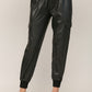 Contrast Rib Band Trim Faux Leather Jogger - Black