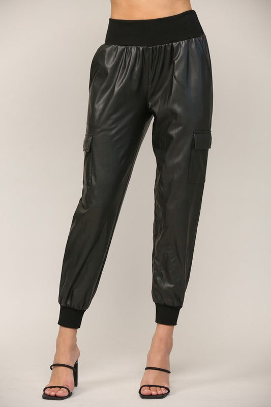 Contrast Rib Band Trim Faux Leather Jogger - Black