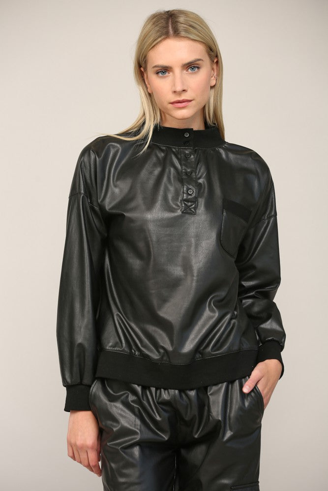 Rib Trimmed Faux Leather Top - Black