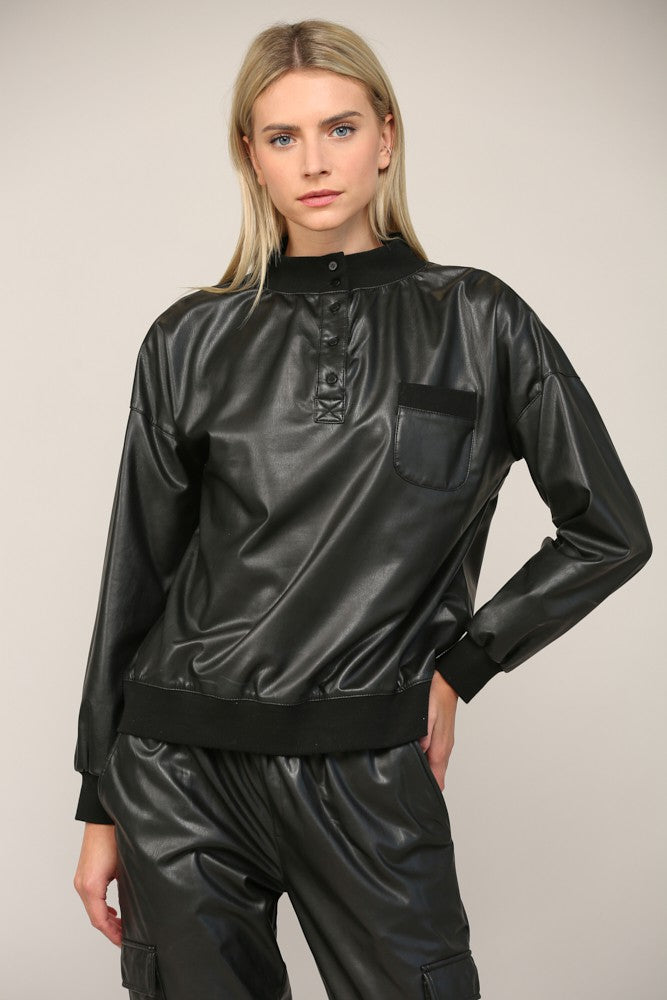 Rib Trimmed Faux Leather Top - Black