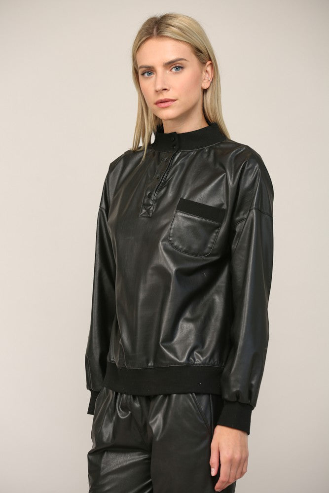 Rib Trimmed Faux Leather Top - Black