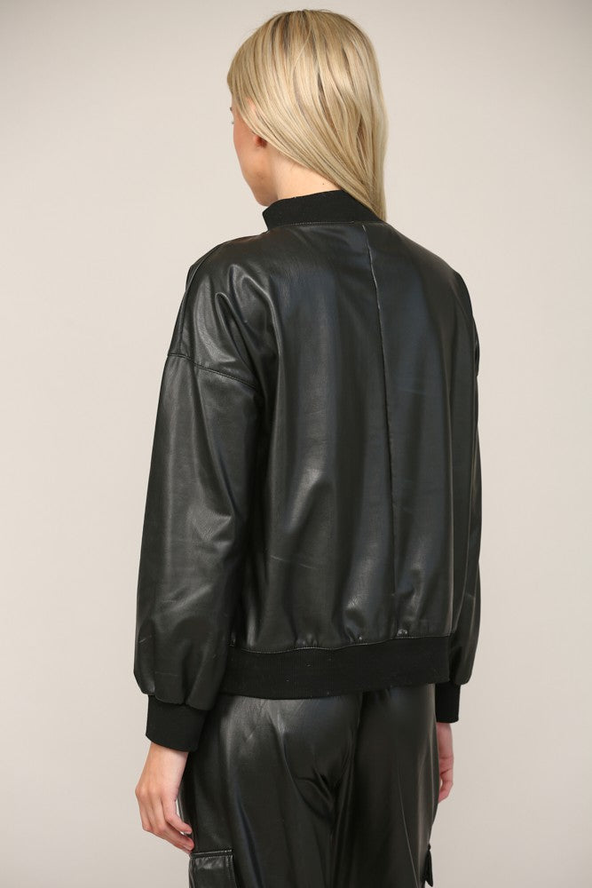 Rib Trimmed Faux Leather Top - Black