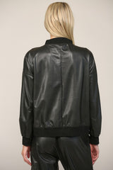 Rib Trimmed Faux Leather Top - Black
