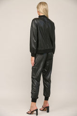 Rib Trimmed Faux Leather Top - Black