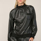 Rib Trimmed Faux Leather Top - Black