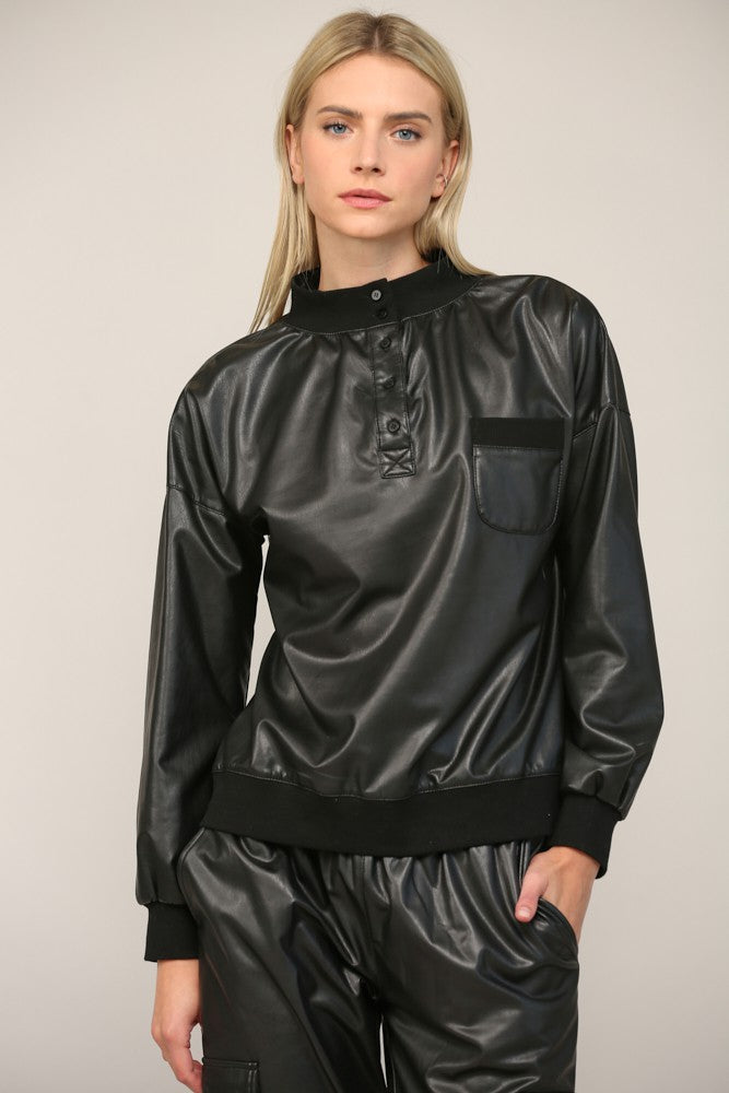 Rib Trimmed Faux Leather Top - Black