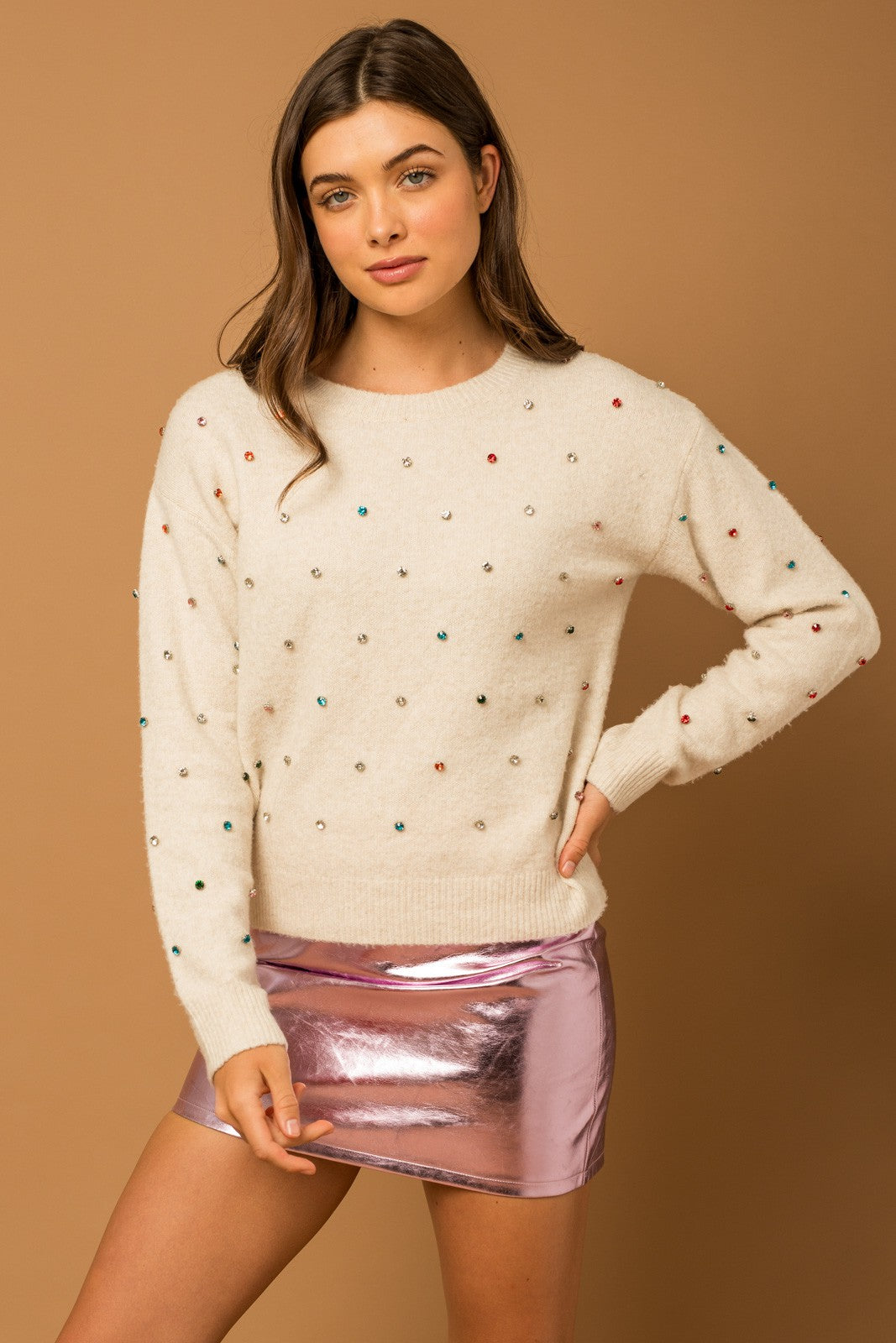 Color Crystal Trim Sweater - Oatmeal ONLY 1 L LEFT