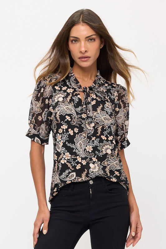 Floral Tie Neck Peasant Top - Black/Taupe