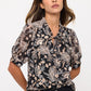Floral Tie Neck Peasant Top - Black/Taupe