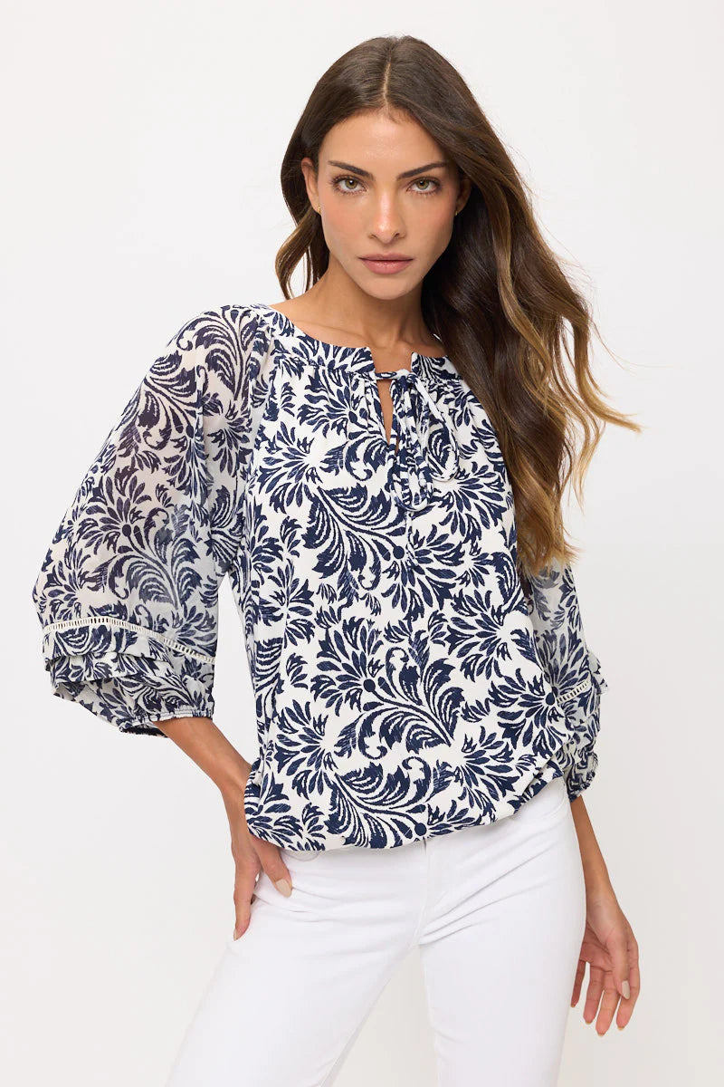 Floral Mixed Media Peasant Top - Cream/Navy